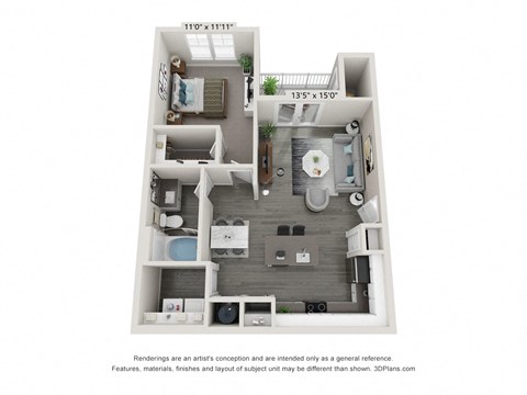 Floor plan for 1 bed, 1 bath, 789 sqft